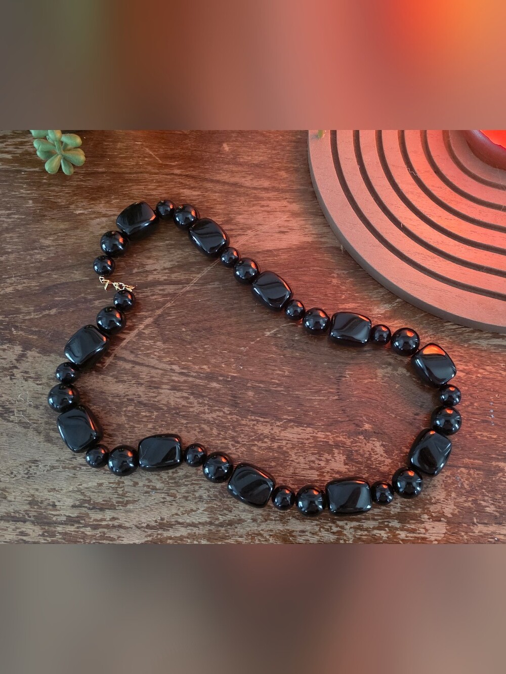 Signed Monet Black Beaded Necklace Chunky Oval Round Gold Tone Strand Vintage